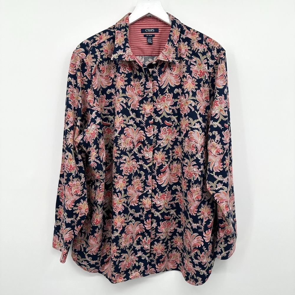 Chaps Womens Top Shirt Blouse Size 2X No Iron Button‎ Up Floral Boho Romantic